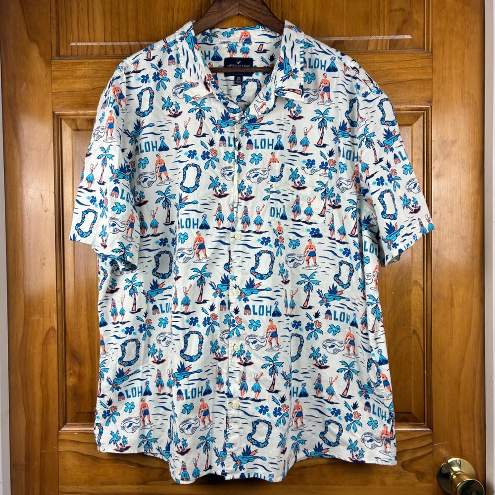 American Eagle Mens 3XL Aloha Hawaiian Print Short Sleeve Button Down Shirt